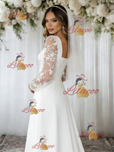 A-Line Square Neck Lace Long Sleeve Wedding Dress