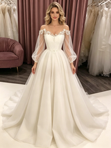 White Tulle Long Sleeve Wedding Dress