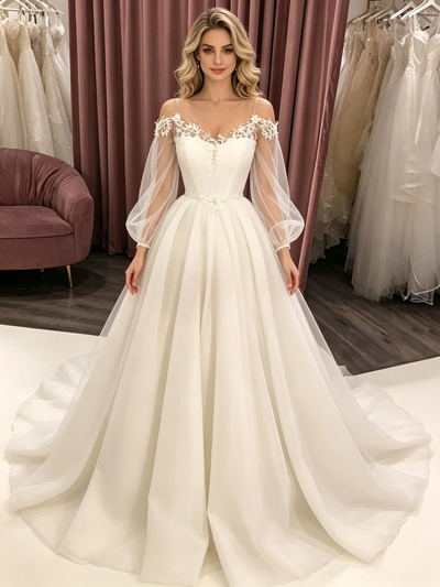 White Tulle Long Sleeve Wedding Dress