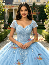 Blue Tulle V-neck Cap Sleeve Appliques Quinceanera Dress
