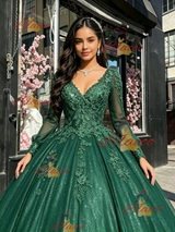 Green V-neck Long Sleeve Appliques Quinceanera Dress
