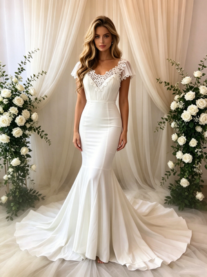 White Mermaid V-neck Lace Wedding Dress