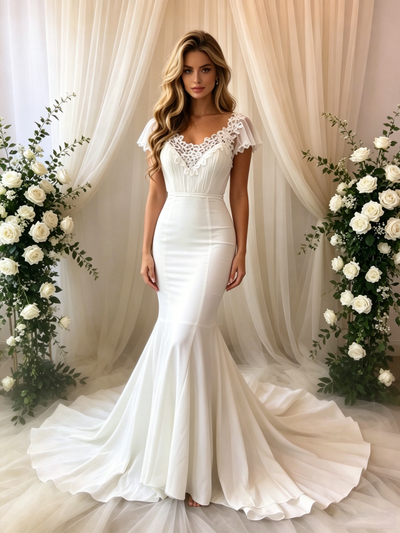 White Mermaid V-neck Lace Wedding Dress