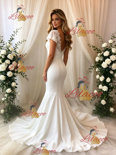 White Mermaid V-neck Lace Wedding Dress