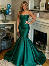 Green Satin Strapless Prom Dress