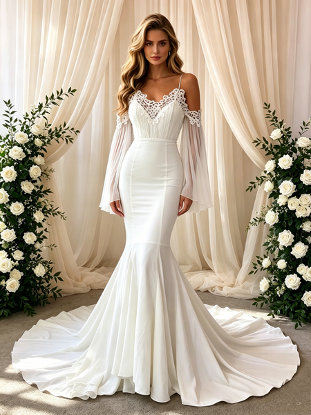 White Mermaid Straps Lace Wedding Dress