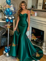 Green Satin Strapless Prom Dress