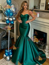 Green Satin Strapless Prom Dress