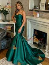 Green Satin Strapless Prom Dress