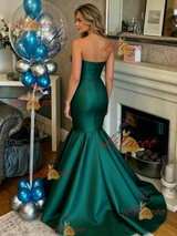 Green Satin Strapless Prom Dress