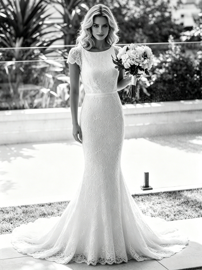 White Mermaid Lace V-neck Wedding Dress