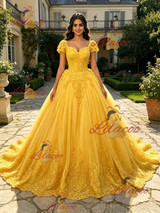Yellow Tulle V-neck Cap Sleeve Appliques Quinceanera Dress