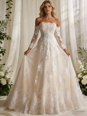White Tulle Lace Long Sleeve Wedding Dress