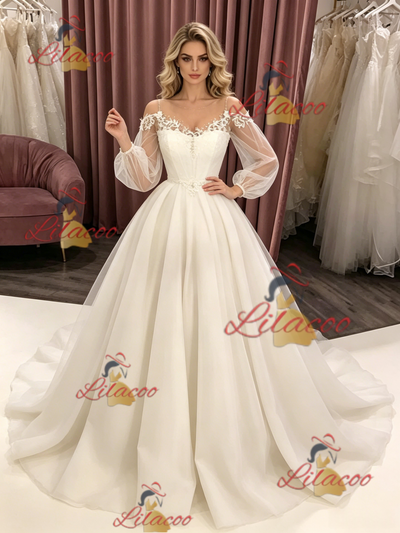 White Tulle Long Sleeve Wedding Dress