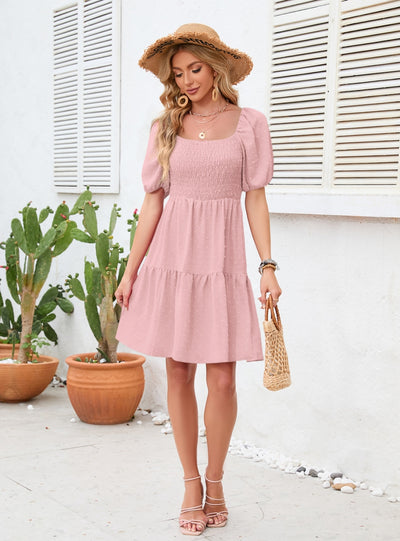 Square Neck Pleated Mini Dress