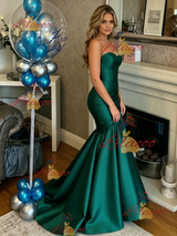 Green Satin Strapless Prom Dress