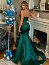 Green Satin Strapless Prom Dress