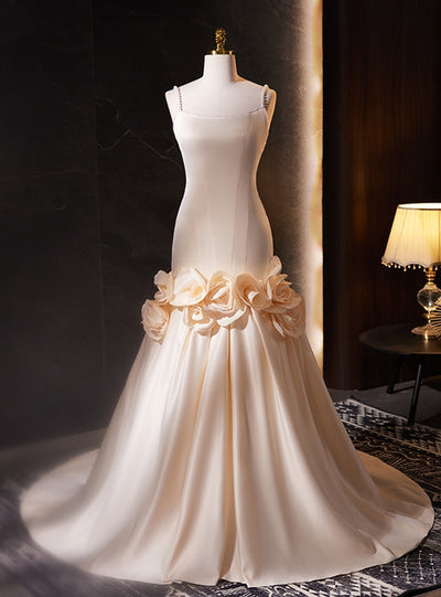 Champagne Mermaid Satin Pearls Wedding Dress