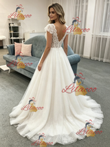 White Tulle V-neck Lace Cap Sleeve Wedding Dress