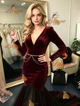 Burgundy Mermaid Velvet Long Sleeve Prom Dress