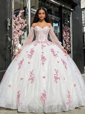 White Tulle Long Sleeve Appliques Quinceanera Dress