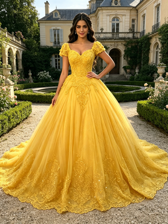 Yellow Tulle V-neck Cap Sleeve Appliques Quinceanera Dress