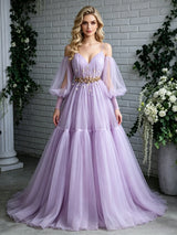 Purple Tulle Long Sleeve Pleats Prom Dress