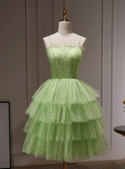 Green Tulle Sequins Straps Tiers Homecoming Dress