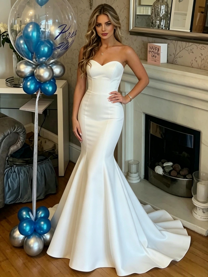 White Mermaid Strapless Prom Dress