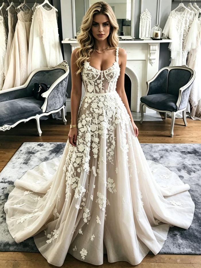 Tulle Appliques Straps Wedidng Dress