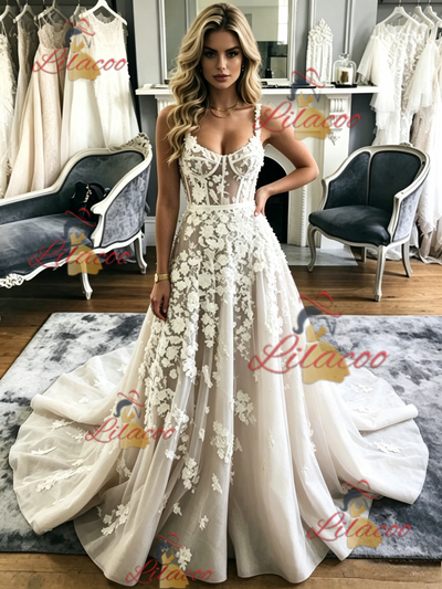 Tulle Appliques Straps Wedidng Dress