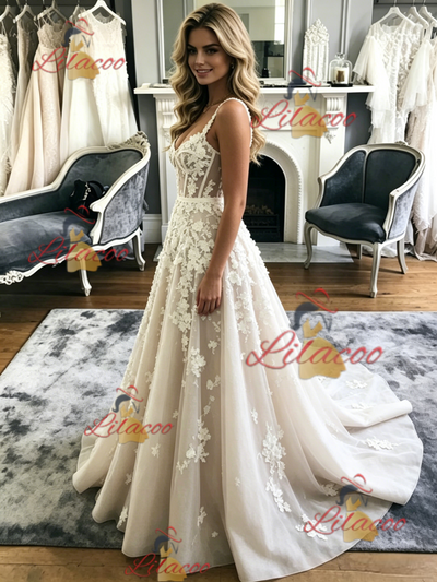 Tulle Appliques Straps Wedidng Dress