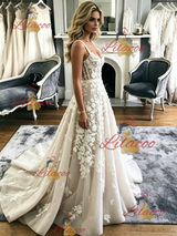Tulle Appliques Straps Wedidng Dress