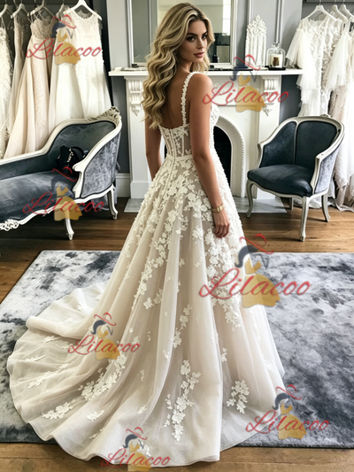 Tulle Appliques Straps Wedidng Dress