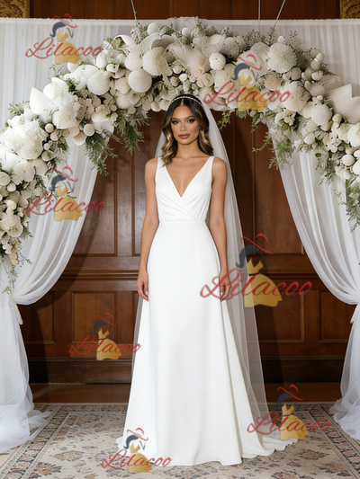 White V-neck Pleats Sleeveless Wedding Dress