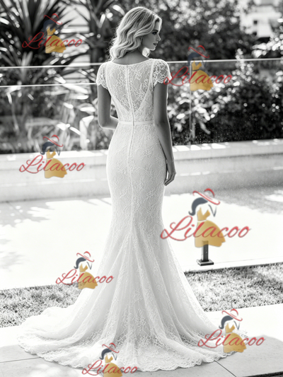 White Mermaid Lace V-neck Wedding Dress