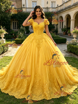 Yellow Tulle V-neck Cap Sleeve Appliques Quinceanera Dress