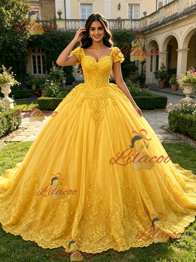 Yellow Tulle V-neck Cap Sleeve Appliques Quinceanera Dress