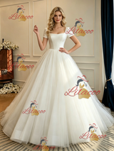 Beige White Tulle Square Neck Short Sleeve Wedding Dress