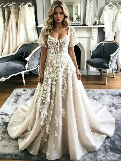 Tulle Square Neck Appliques Wedding Dress