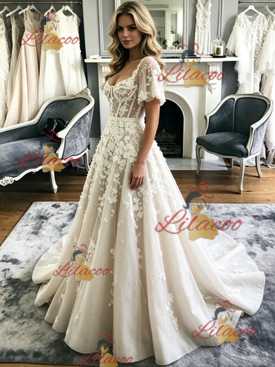 Tulle Square Neck Appliques Wedding Dress