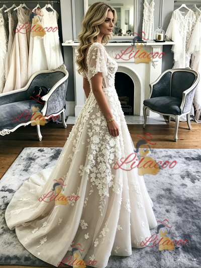 Tulle Square Neck Appliques Wedding Dress