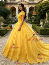 Yellow Tulle V-neck Cap Sleeve Appliques Quinceanera Dress