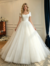 Beige White Tulle Square Neck Short Sleeve Wedding Dress