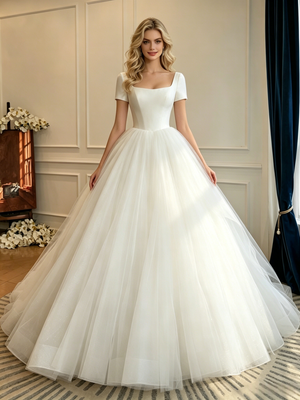 Beige White Tulle Square Neck Short Sleeve Wedding Dress