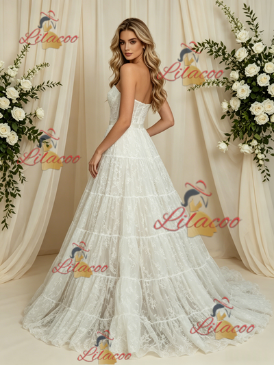 White Lace Strapless Wedding Dress