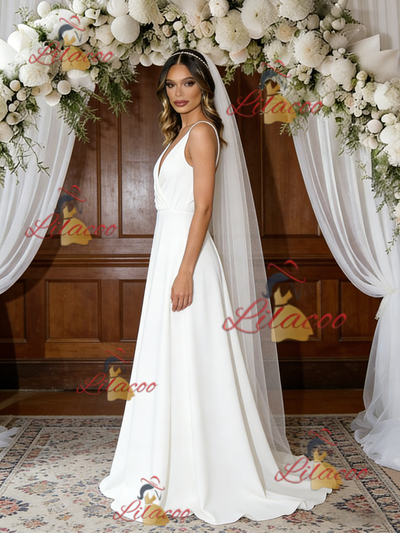 White V-neck Pleats Sleeveless Wedding Dress