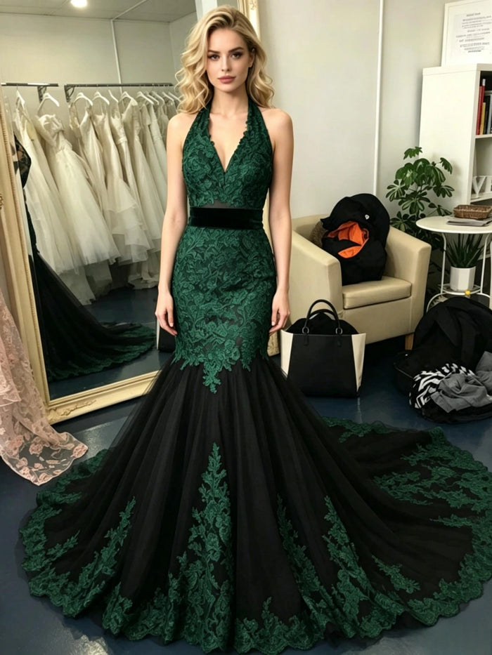 Black Mermaid Tulle Straps Lace Prom Dress