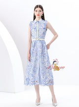 Retro Silm Waist Lapel Print Long Dress