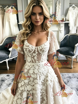 Tulle Square Neck Appliques Wedding Dress